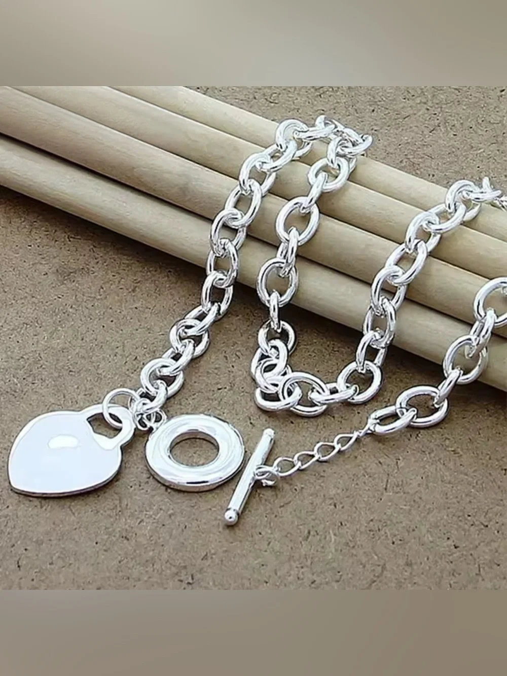 Silver Toggle Chain Necklace - Link Design Heart Charm!